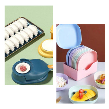 Pack of 2 |10pcs Multi-function Spit Bone Plate Set + 2 In 1 Dumpling Maker | Best Samosa Maker &amp; Household Food Grade Plastic Elliptical Plate For Kitchen (random Color)