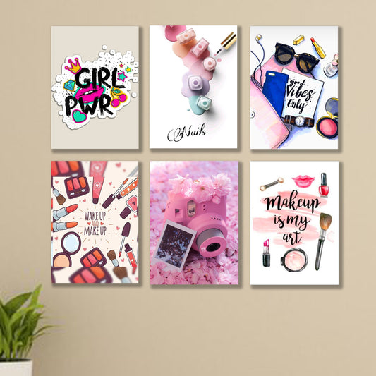 set of 5 make up themed girls room decore wall art wooden sticky Phototile frames